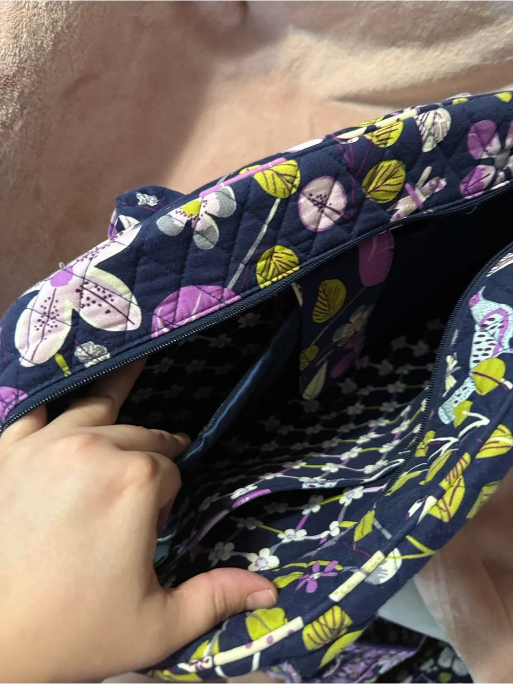 Vera Bradley Navy Quilted Floral Laptop Bag with Purple & Green Accents